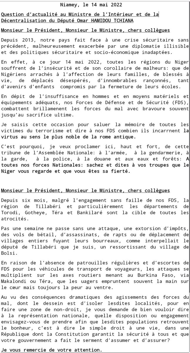 OmarTchiana's tweet photo. [🤲] J'ai interpellé ce matin à l'Assemblée Nationale le Ministre de l'Interieur sur la dégradation de la sécurité au #Niger et particulièrement dans les départements de Torodi, Gotheye, Téra et Bankilaré de la région de Tillabéri. https://t.co/xpuNrgTxrU
