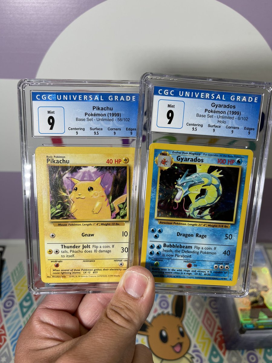 catchacraze's tweet photo. Couple of Base set CGC 9s! @AlexHodges and @eBay were nice enough to send me these last fall from their base set booster box break! I finally got them graded and I’m super pumped about these! Thanks again! #pokemon https://t.co/7a4vWTJK2T
