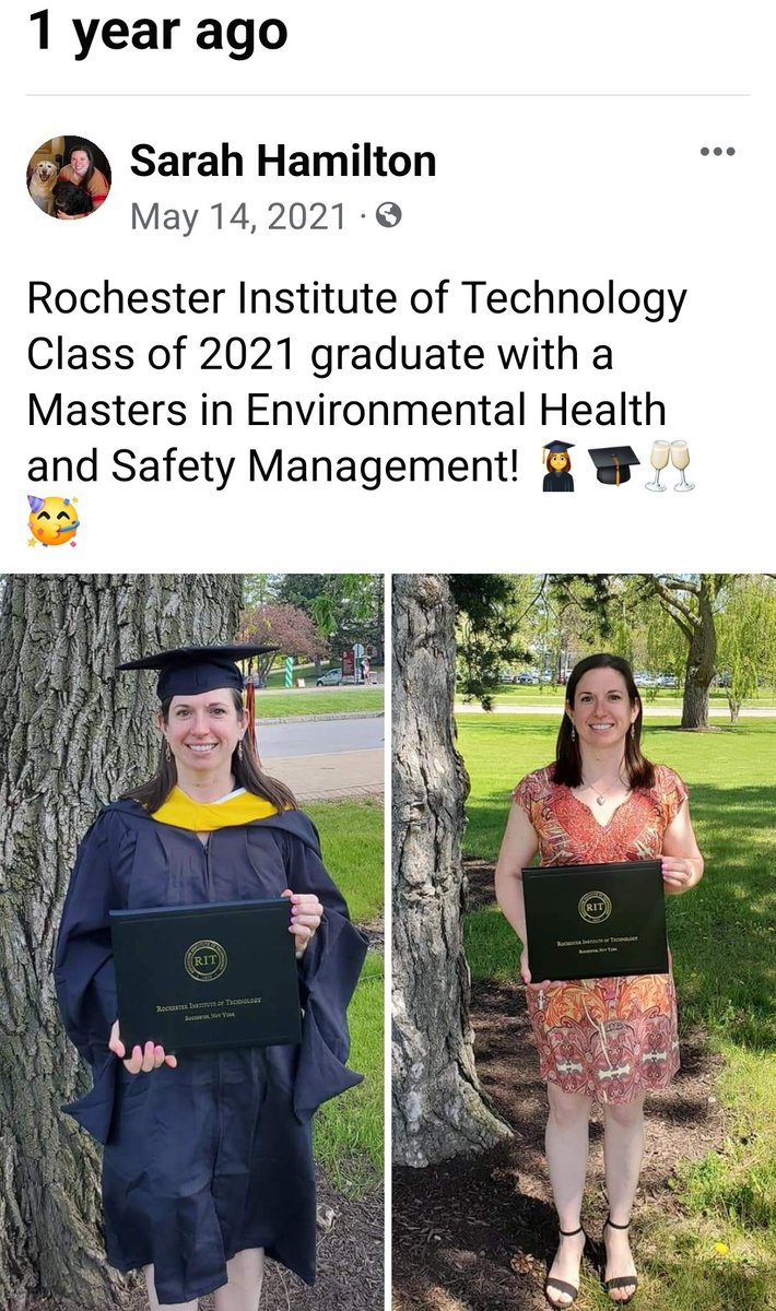 SarahRitter621's tweet photo. Wow. It has been one year since receiving my masters degree and transitioning to an Environmental, Health & Safety role in my professional career. While my days of being a graduate student are behind me, learning is a continuous process. #RITGRAD, #EHSPROFESSIONAL https://t.co/4Sbj7h6gFQ