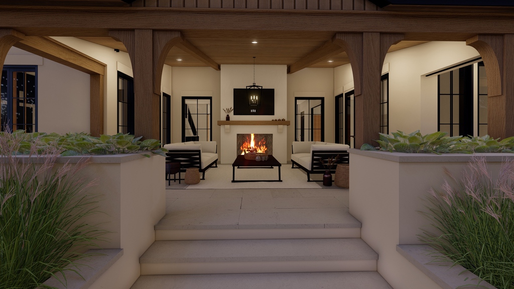 An outdoor covered patio tucked between the family room and Kitchen creates an outdoor cozy space that is perfect for an extended entertaining area. The windows flanking the fireplace create views and a connection to the rear yard.

Design-Build: RSMA &amp; @rsmannino_construction