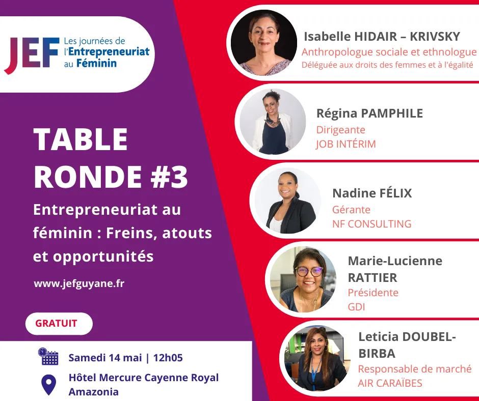 ARDI_GDI's tweet photo. 📢#JEFGUYANE #JEF2022: en direct des Journées de L'Entrepreneuriat au Féminin : table ronde #3 - freins, atouts et opportunités !
📍RDV à l'Hôtel Mercure Royal Amazonia de @ville_cayenne pour échanger avec nos expert en #accompagnement d'#entreprises et découvrir tous nos outils https://t.co/zhoqHlPH7W