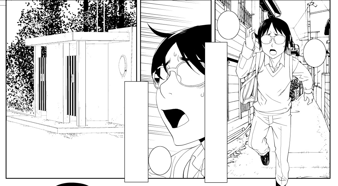 背景倉庫さんの背景導入!右は背景倉庫、左はクリスタで買った3D素材の公衆トイレを加筆。ここに自分のストック背景を使えばまとまりのない原稿ができるかも。 