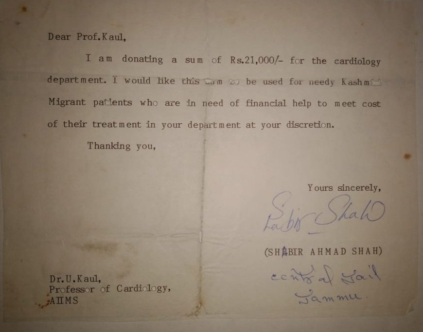 SanjayKaw5's tweet photo. Kashmir Files : Have preserved this original letter written by separatist leader Shabir Shah to well-known cardiologist Prof U Kaul  for the past 30 years. Don't know why...And also don't know how to react... https://t.co/X8eXqC6Ba8