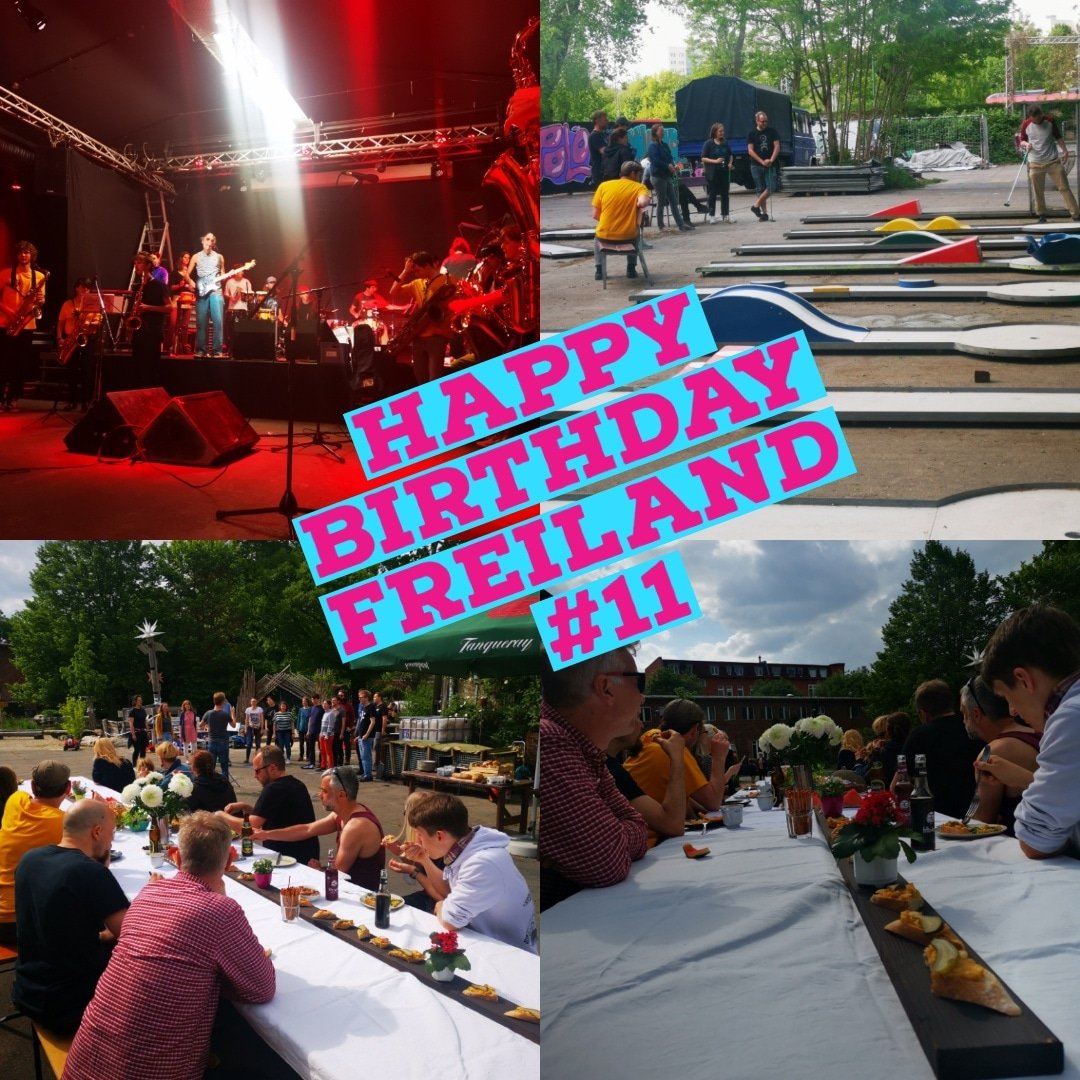 freilandpotsdam's tweet photo. Happy Birthday liebes freiLand! Wir werden schon elf! Und begehen den Tag heute mit ner kleinen Geburtstagstafel, einem Ständchen vom Chorlektiv, der Eröffnung der Minigolfbahn und einer Geburtstagsprobe vom Karma Orchester! Kommt gern noch rum, es gibt Kuchen! #11 https://t.co/pYa0E2nE8u