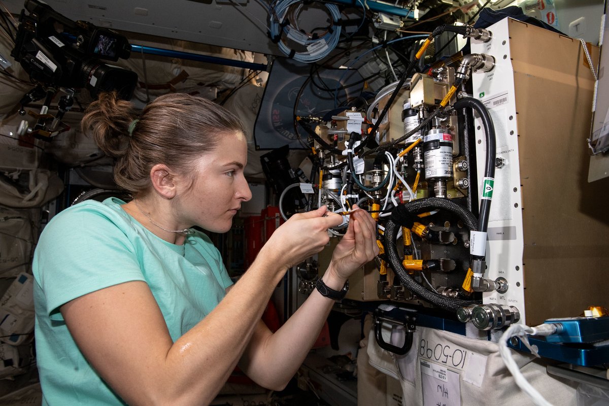 iss066e088321 (Dec. 10, 2021) --- NASA astronaut and Expedition 66 Flight Engineer Kayla Barron day replaces components inside the Advanced Plant Habitat located inside the International Space Station's Kibo laboratory module.