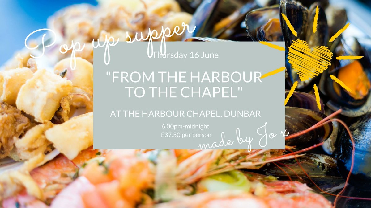 CivicWeekDunbar's tweet photo. "FROM THE HARBOUR TO THE CHAPEL"
POP UP #SUPPER AT THE HARBOUR CHAPEL, #DUNBAR 
THURSDAY 16TH JUNE 6.00pm-Midnight 
£37.50 per person 

A scrumptious three course menu, live music and bar from 6.00pm until midnight.
To book your tickets, email info@jos-kitchen.co.uk. https://t.co/H7HqiBaSh6