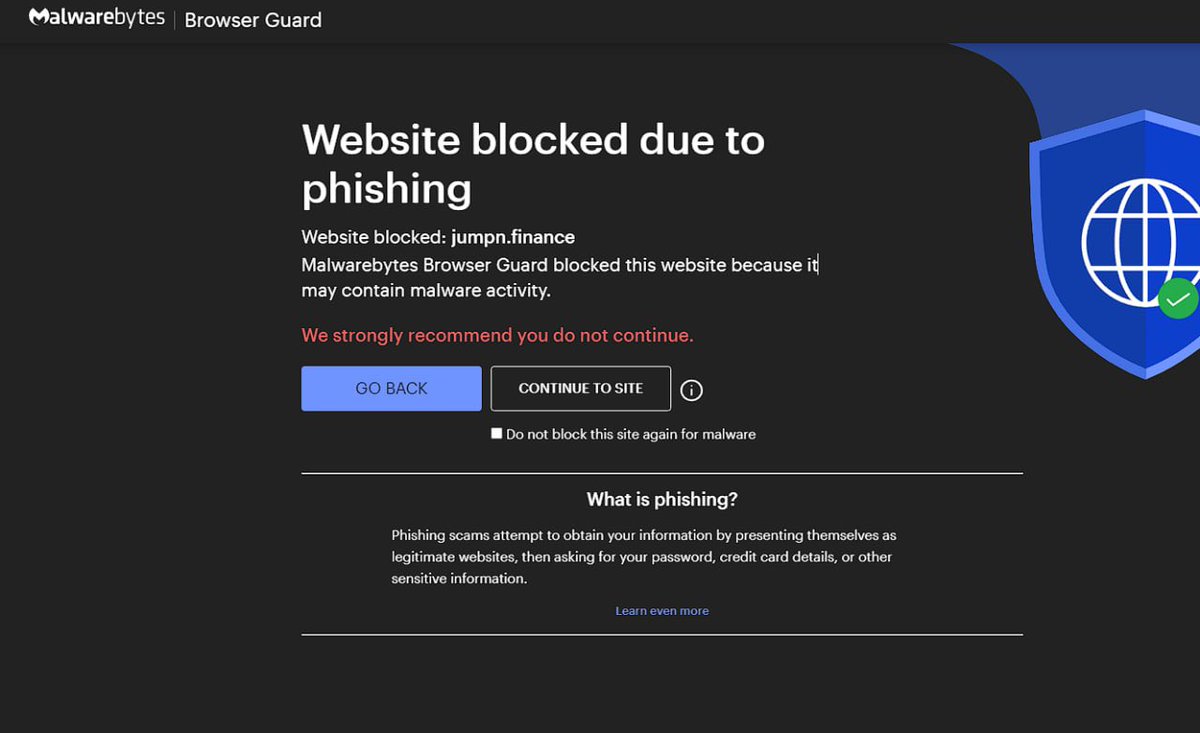 jumpnscam's tweet photo. @JUMPNofficial websites, or at least the JET stake page has now been tagged as a malicious phishing page my Malwarebytes and other vendors. You can see the other vendors in Virustotal. #JUMPN_PINKSALE_SCAM https://t.co/nYV3EviZ4G