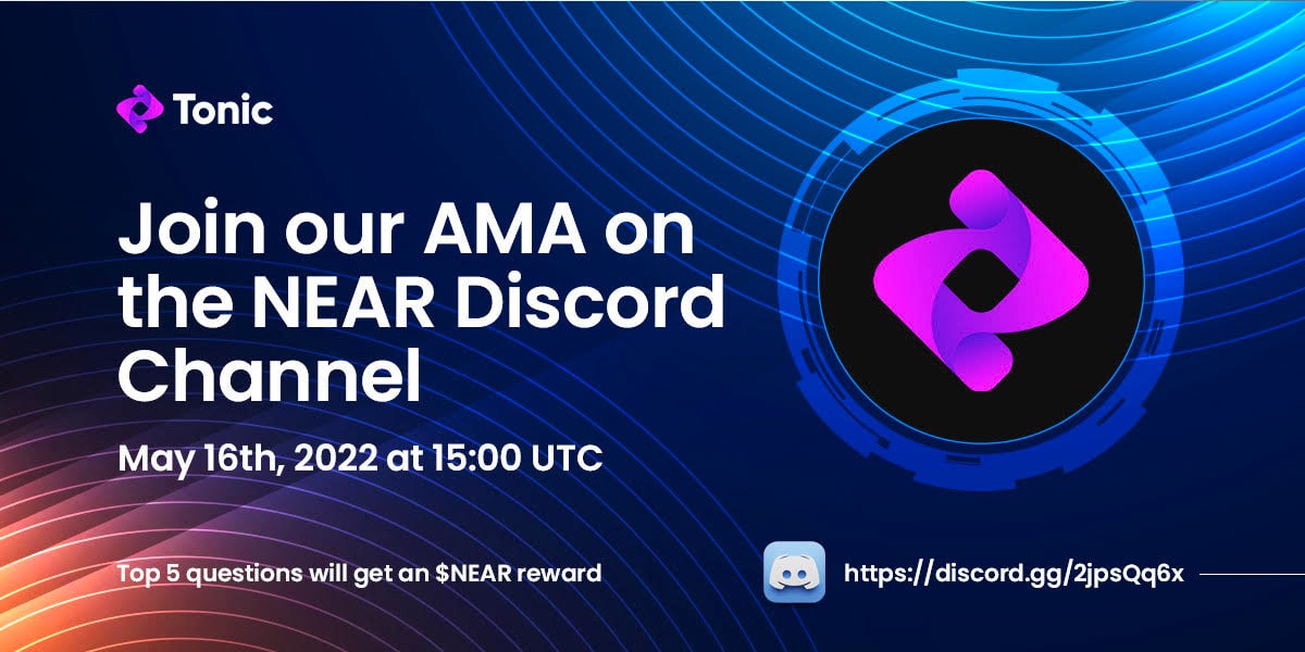 NEAR_Blockchain's tweet photo. AMA series with NEAR:

@tonicdex is a NEAR Protocol Decentralised Exchange (DEX). 

🗓 May 16th 2022, Sunday
🕖 15:00 UTC
💰 Reward: $NEAR
📍 AMA Room: https://t.co/gePCFG0jtq

#NEAR #AMA #TonicDex https://t.co/Ntko9mBKpT