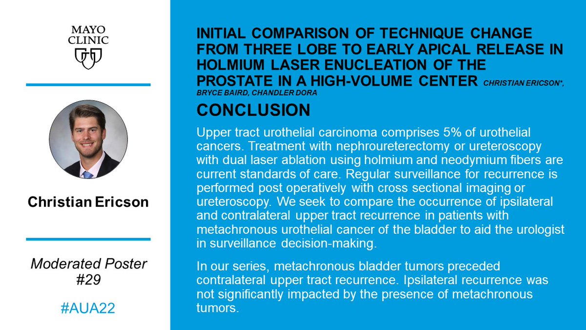 MayoUrology's tweet image. At #AUA22 Dr. Ericson will share his research on occurrence of #ipsilateral and contralateral upper tract recurrence in patients w/ metachronous #urothelial #bladder #cancer. In this series, #metachronous tumors preceded contralateral upper tract #recurrence. #urosome