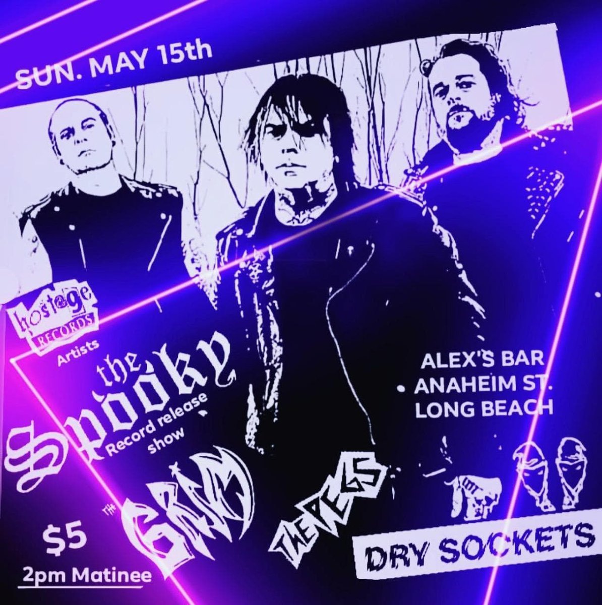 PunkPromoter's tweet photo. The Spooky record release show at Alex's Bar in Long Beach, CA Sunday. Only $5. Fun starts at 2pm! #daydrinking #punk #punkshow #punkrock #punkrockshow #thespooky #thegrim #thepegs #drysockets #LongBeach https://t.co/85VeuYJlcR