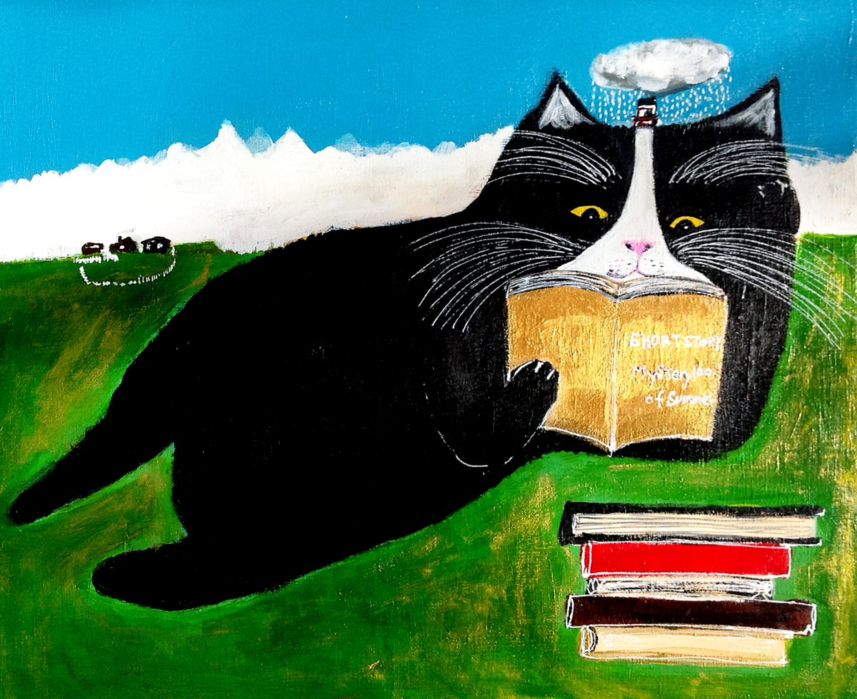A painting of a cat reading a book on the grass, with a pile of books in front of him