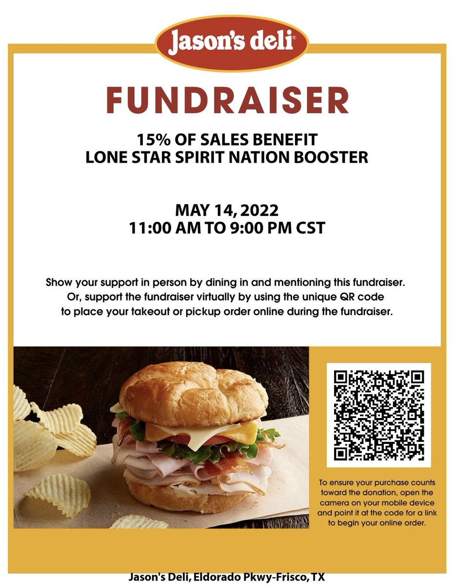 Keep the kitchen clean and head out to Jason’s Deli for lunch or dinner instead‼️Don’t forget to mention <a href="/LoneStarHSCheer/">Lone Star Cheer</a> 📣or show the QR code on the flyer when ordering! 
<a href="/LSHSRangers/">Lone Star Rangers</a> 
<a href="/lshs_classof23/">LSHS ‘23</a> 
<a href="/lshsstuco/">LSHS Stuco</a> 
<a href="/LSHSstudsec/">LSHS Student Section</a> 
<a href="/BarstoolLshs/">Barstool Lone Star</a> 
@CounselingLSHS 
<a href="/LSFNBoosters/">LSFNBoosters</a>