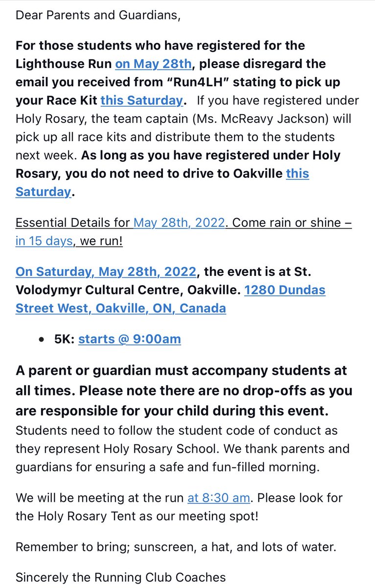 ‼️An IMPORTANT message for all running club members and families‼️<a href="/HolyRosaryM/">Holy Rosary, Milton</a> 

You DO NOT need to pick up your child’s race kit today! It will be picked up by Ms. McReavy Jackson for the whole running club and distributed at school!