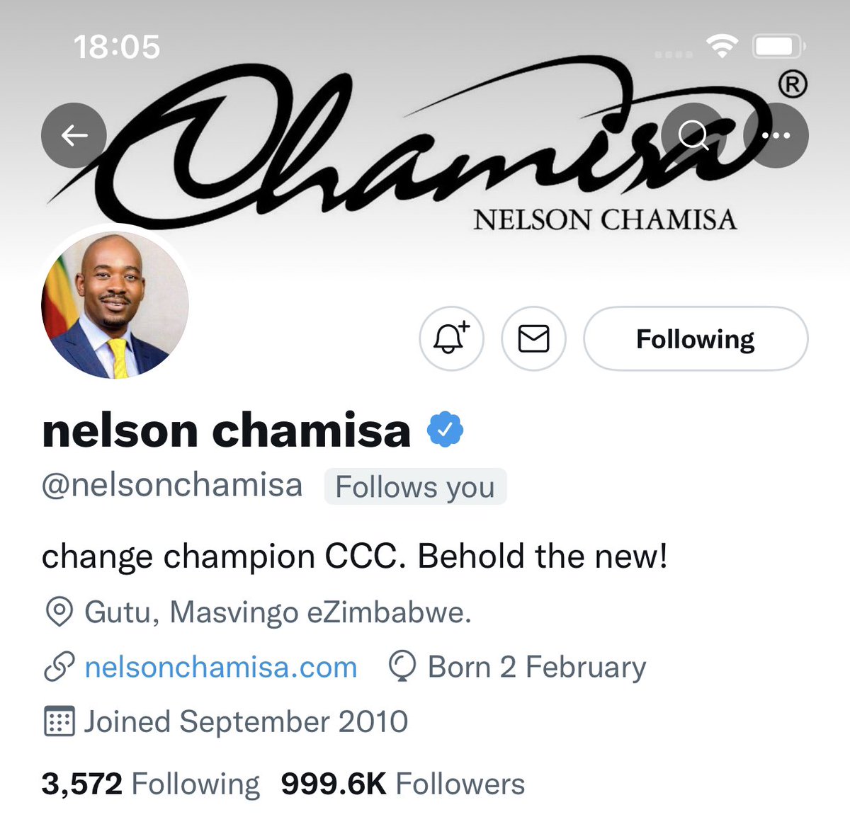daddyhope's tweet image. This account @nelsonchamisa doesn’t belong to NC, it is our account.

It only needs 400 follows to cross the one million mark.

Let us get there before midnight.

RETWEET and follow it if you are not following it yet.

1 million before midnight!

Nero represents the future!