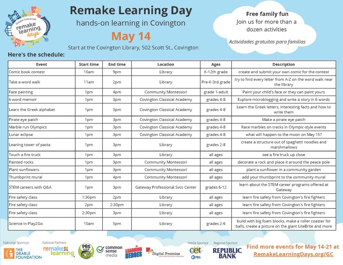 KentonLibrary's tweet photo. Today is #RemakeLearningDay!
Join us at the Covington Branch for: Bilingual Story Walks from 11-2, Touch-A-Truck at 1 w/ Covington Fire Dept., TANK, Kona Ice, Fire Safety Classes starting at 1:30, and Leaning Tower of Pasta at 1.
#RemakeDaysGC, #RemakeDays, #WhenYouWonder https://t.co/YaXac9qRVq