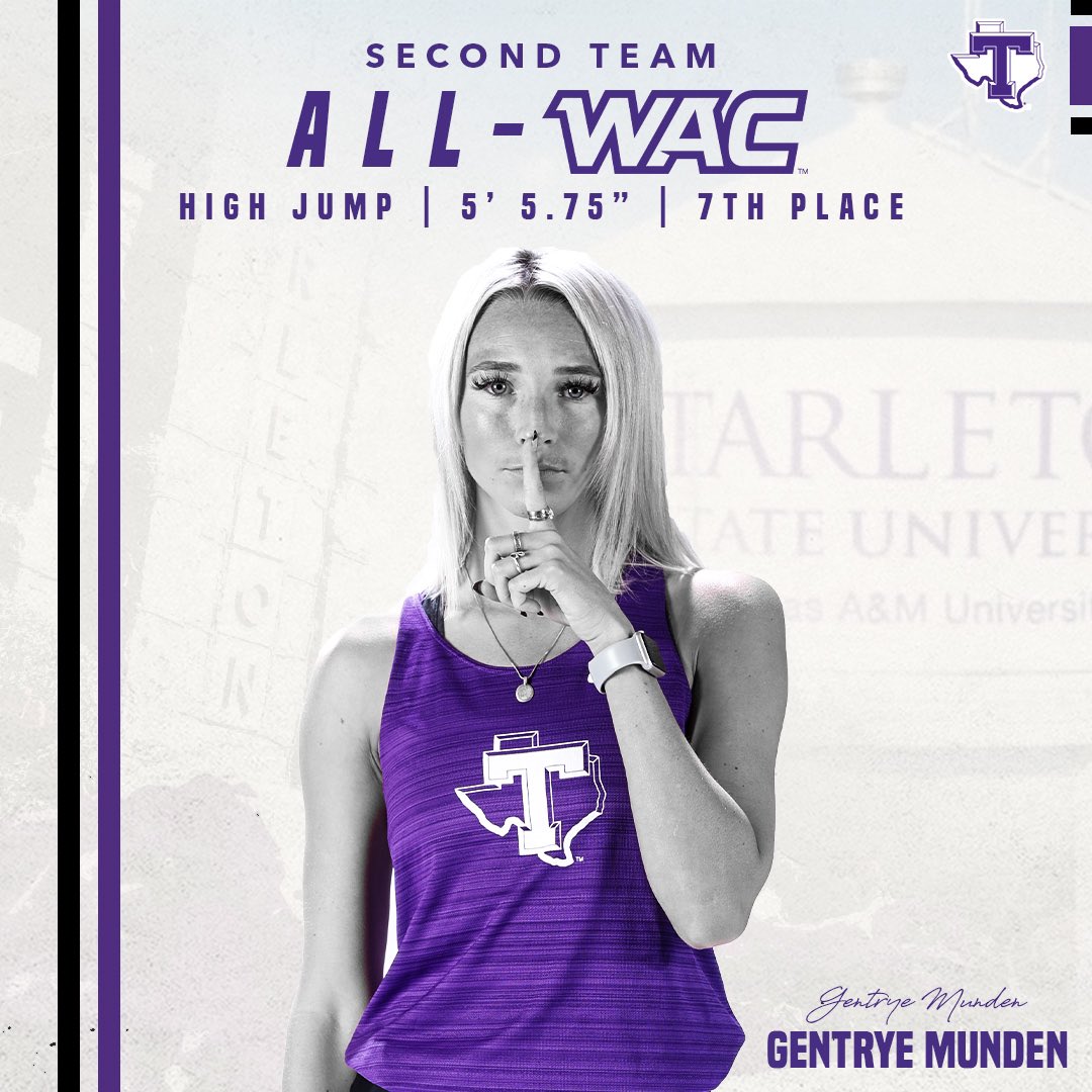 TarletonXCTrack's tweet photo. Two events done and two spots on the All-WAC team 😎

Gentrye Munden jumped 5’ 5.75” to take seventh place and land a spot on the All-WAC Second Team 🙌 @GentryeLynn https://t.co/ISsVXljyDl