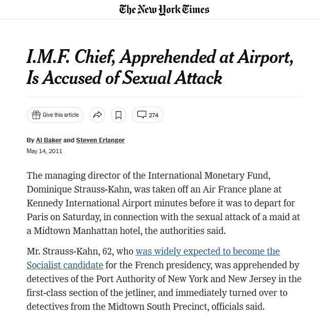 nicolasberrod's tweet photo. Peu après minuit en France, les premiers papiers du New York Post et du New York Times sur l'arrestation du patron de FMI à l'époque.

Il est cette fois question d'une arrestation dans l'avion à destination de Paris (la réalité), et non pas dans l'hôtel. https://t.co/7T67XZdJk7