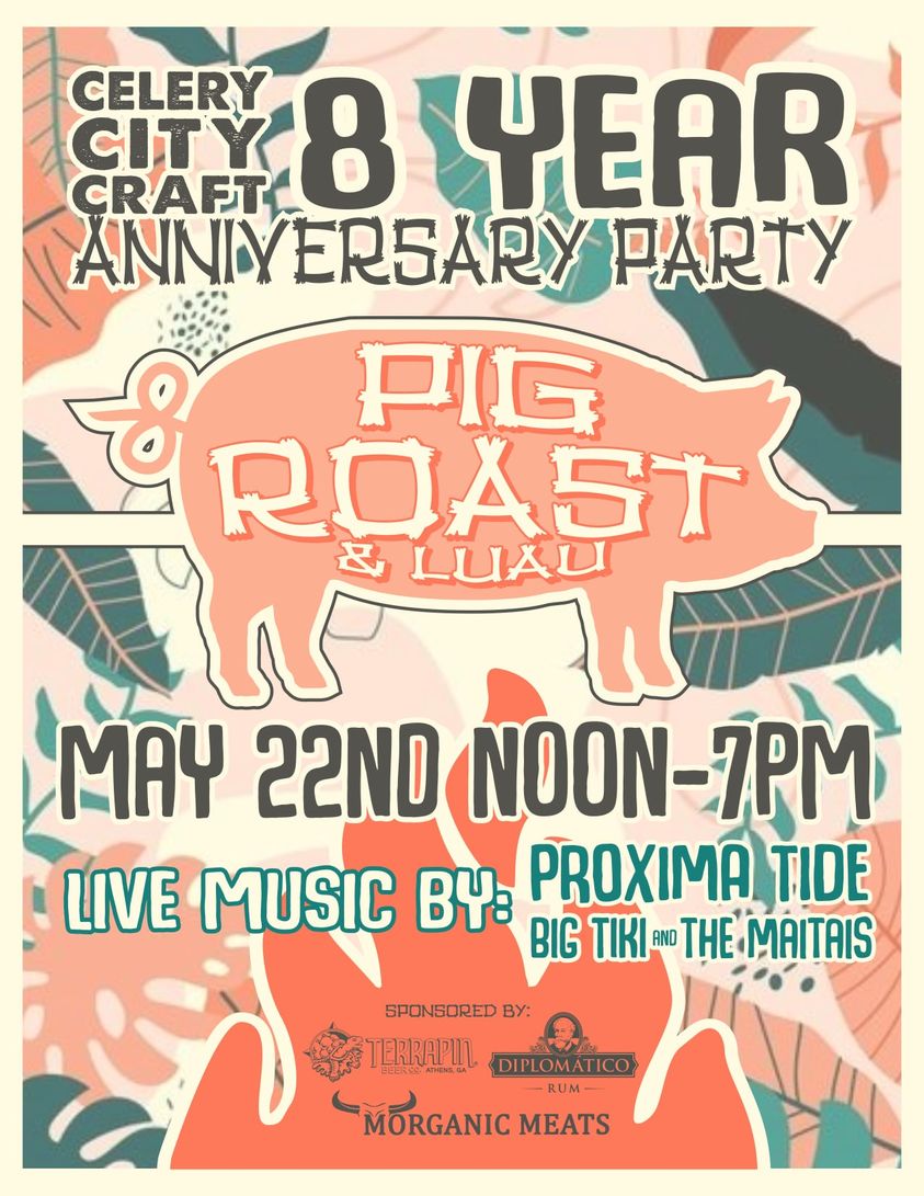 Join us Sunday May 22nd, 12-7pm and celebrate <a href="/celerycitycraft/">Shane Hardenbrook</a>'s 8 year Anniversary with an awesome Pig Roast &amp; Luau by Morganic Meats! We'll be sharing the stage with Big Tiki &amp; The Mai Tais as well! #surf #surfrock #surfmusic #reverb #sanfording fb.me/e/1G28sqzFe