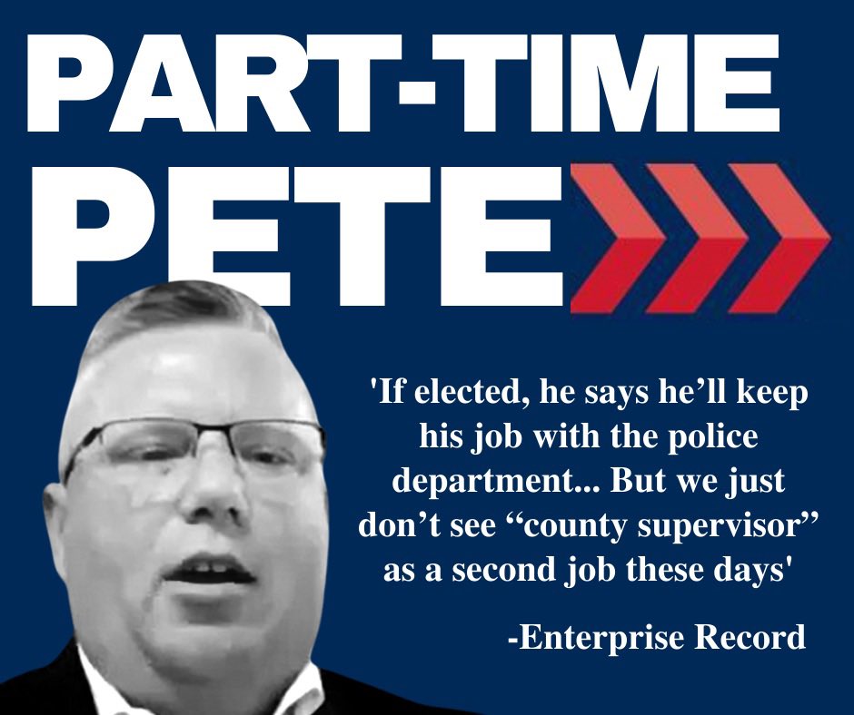 ButteCountyDems's tweet photo. Peter Durfee has no idea of the work involved in being a Butte County supervisor. He wants to keep his current job and be a supervisor in his spare time! We deserve full-time commitment. Re-Elect Debra Lucero, who is strongly endorsed by the Enterprise Record. https://t.co/BfP4ddkmZf