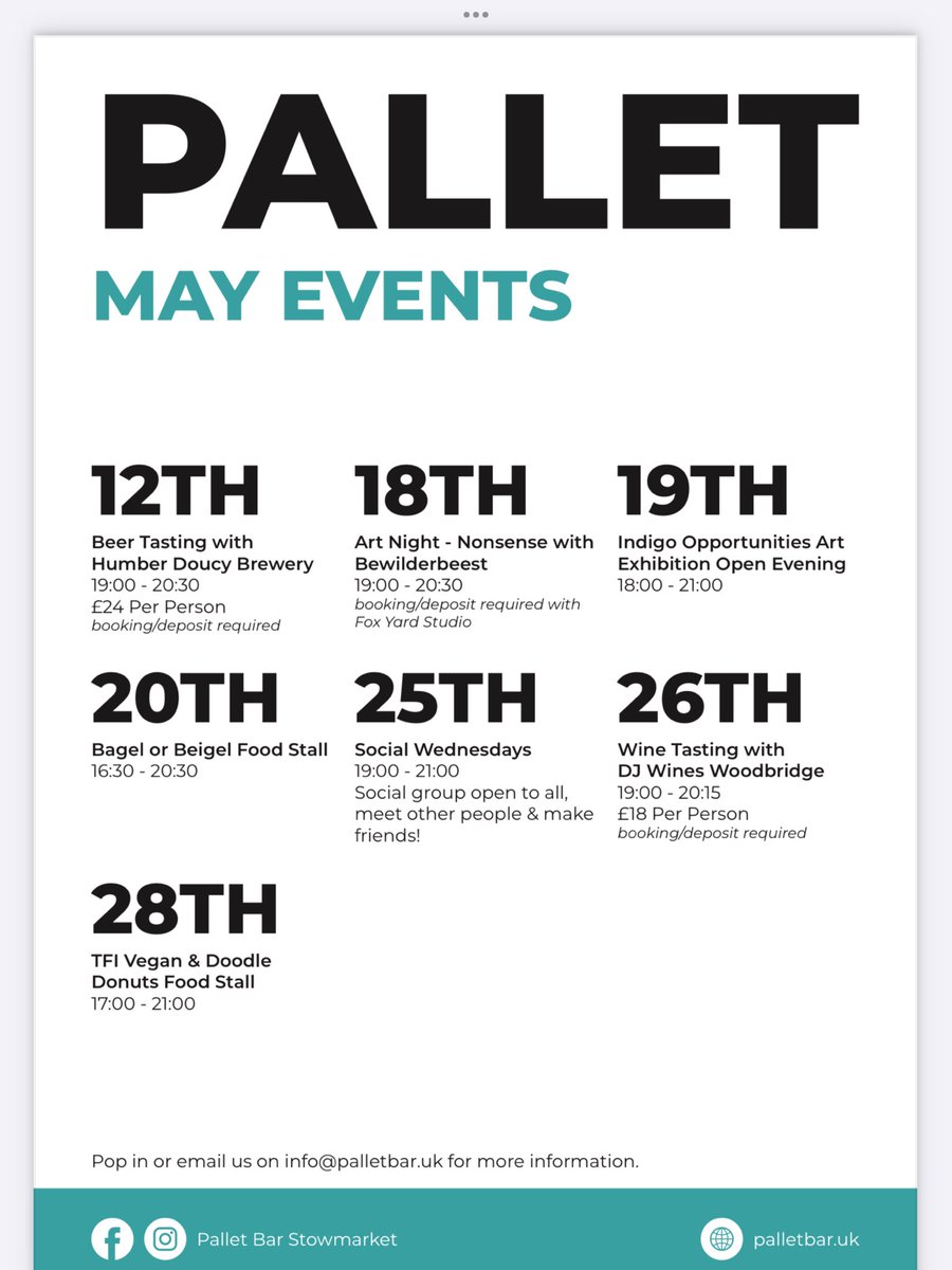 May Events! For more up to date information visit our website🤩
To book, pop in or email us: info@palletbar.uk