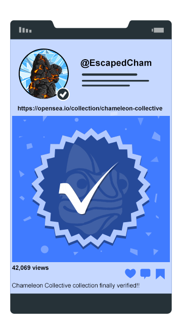 EscapedCham's tweet photo. The @Chameleon_NFT collection has officially been verified on @opensea! Way to go team! Do you own a Cham? Lets see it! 🦎

#chamfam #chameleoncollective #NFTcommunity #nftcollector #nftart #digitalart #opensea #ethereum #crypto #NFTs #NFT https://t.co/NMeRmCp8KR