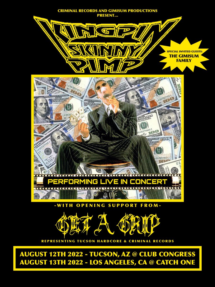 WE WILL BE PLAYING TWO SHOWS WITH THE LEGENDARY KINGPIN SKINNY PIMP! TUCSON GOES ON SALE NEXT WEEK AND LA TIX AVAILABLE NOW: dice.fm/event/amv6d-ki…