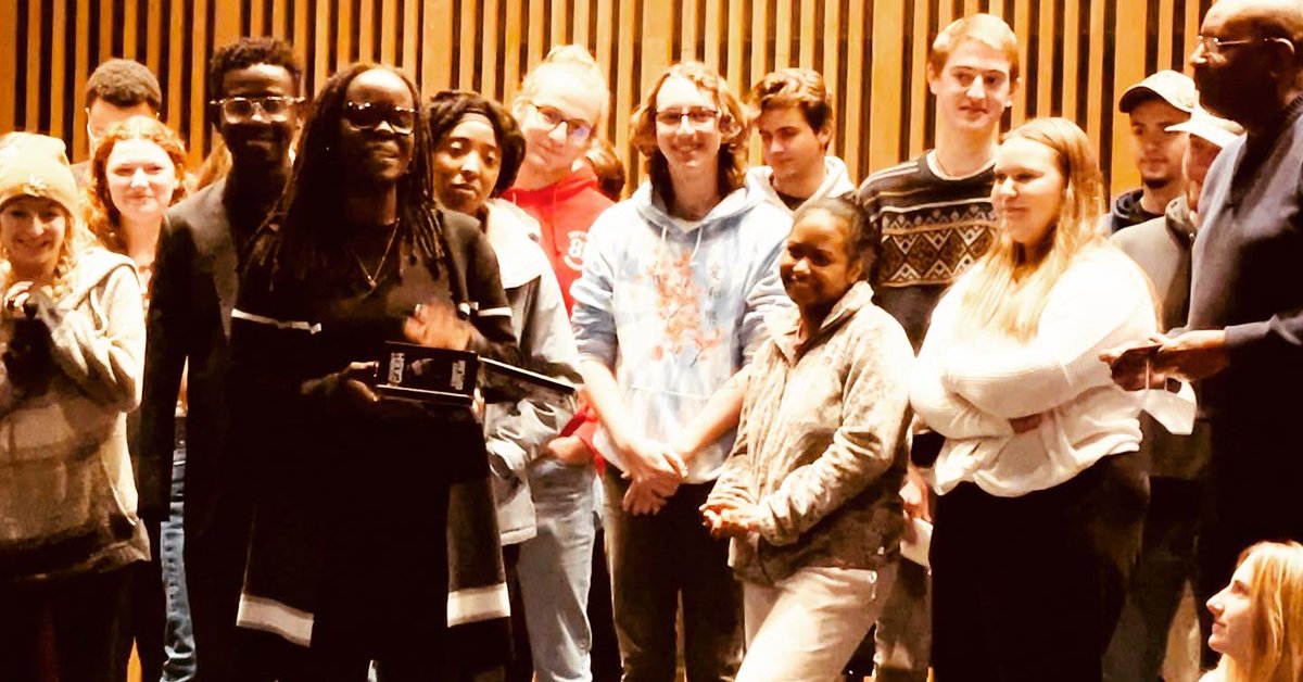 SShonekan's tweet photo. My last class at Mizzou! Loved spending time with students in my Soul &amp; Country music class. We allowed the music to lead us to complicated conversations about race, identity, politics, patriotism, religion, gender, capitalism. Great way to end my run at Mizzou! 🙌🏾 
📷 R.Frank https://t.co/2KCn6aNnj6