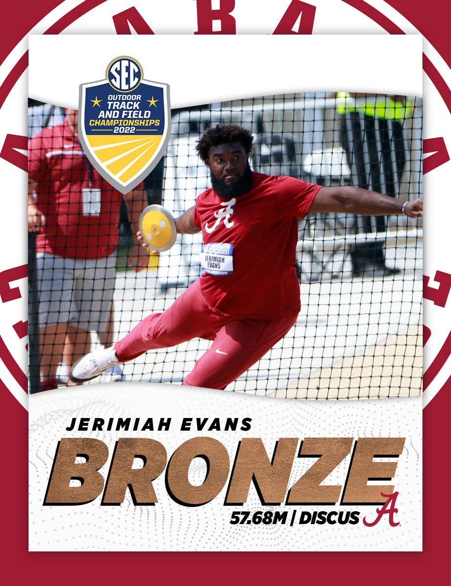 AlabamaTrack's tweet photo. Jerimiah Evans posts a throw of 57.68 meters to take the bronze in the @SECOutdoorTF men's discus!!
#BamaThrows #RollTide https://t.co/kXr7cwBMGw