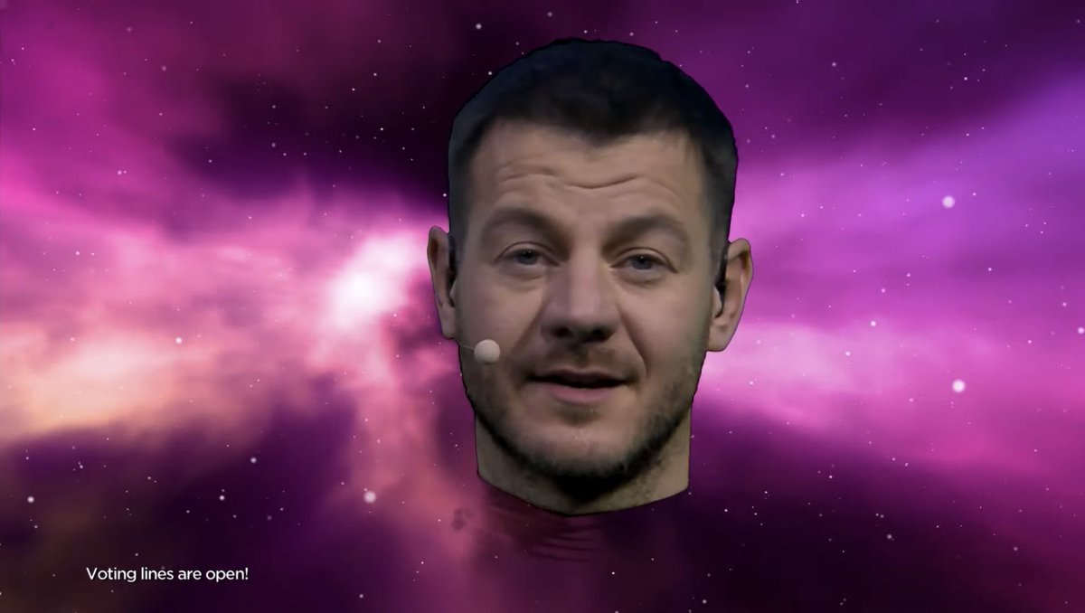 arachnojd's tweet photo. therapist: don’t worry, floating cattelan head doesn’t exist, he won’t hurt you

floating cattelan head:
#Eurovision #esc2022 https://t.co/RZCrhANF38
