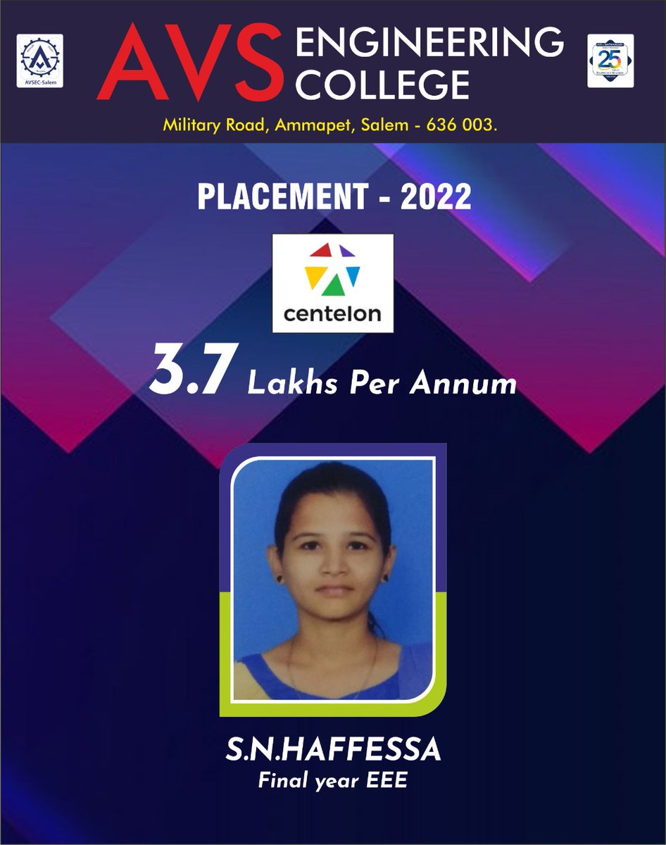 AvsSamuvel's tweet photo. *AVS ENGINEERING COLLEGE*

Placement - 2022
Centelon
3.7 Lakhs Per Annum

#Topengineeringcollege #Top99thcollege
#centelon
#Bestcollege 
#Strongplacement 
#highestplacementrecord
#avsec  #studyatavsec
#Studyengineering
#counsellingcode2636 https://t.co/nq4WXG2Zrt