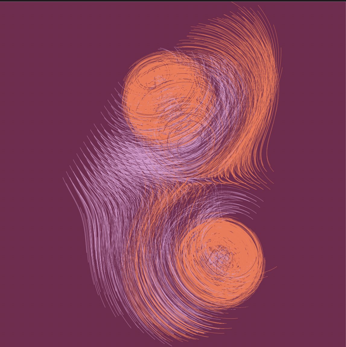 First pass at trying to visualize gravity here we have two masses with a positive gravitational field 

Took inspiration from <a href="/tinkRNG/">tinkRNG</a> <a href="/KalebsCode/">Kaleb</a> <a href="/tylerxhobbs/">Tyler Hobbs Studio</a> 

Let me know what you guys think

#nfts #NFTCommunity #art #nftart #nftscience #gravity #nft #artblock