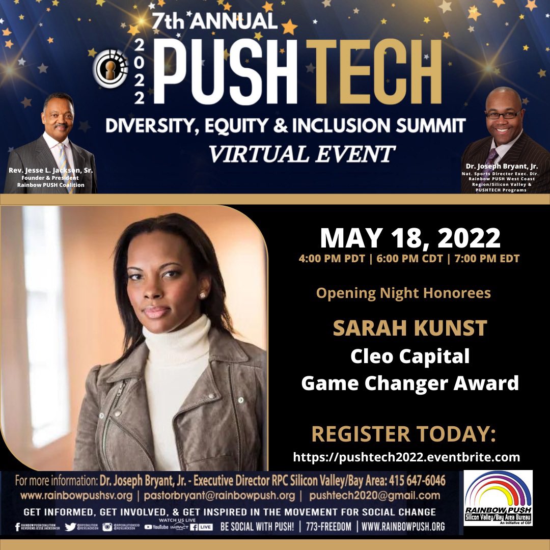 rpcpushtech's tweet photo. BE IN THE VIRTUAL ROOM WHERE IT HAPPENS! DO NOT MISS the @rpcpushtech 7th Annual #Diversity, #Equity &amp; #Inclusion Summit’s 🏆 OPENING NIGHT! #PUSHTech2022 HONORS @cleocapital’s @sarahkunst w/the GAME CHANGER Award on 5.18.22.👏🏼👏🏼👏🏼Congrats! https://t.co/pa6dd7SfJM #pushtech2022 https://t.co/hhn4yPtPS0