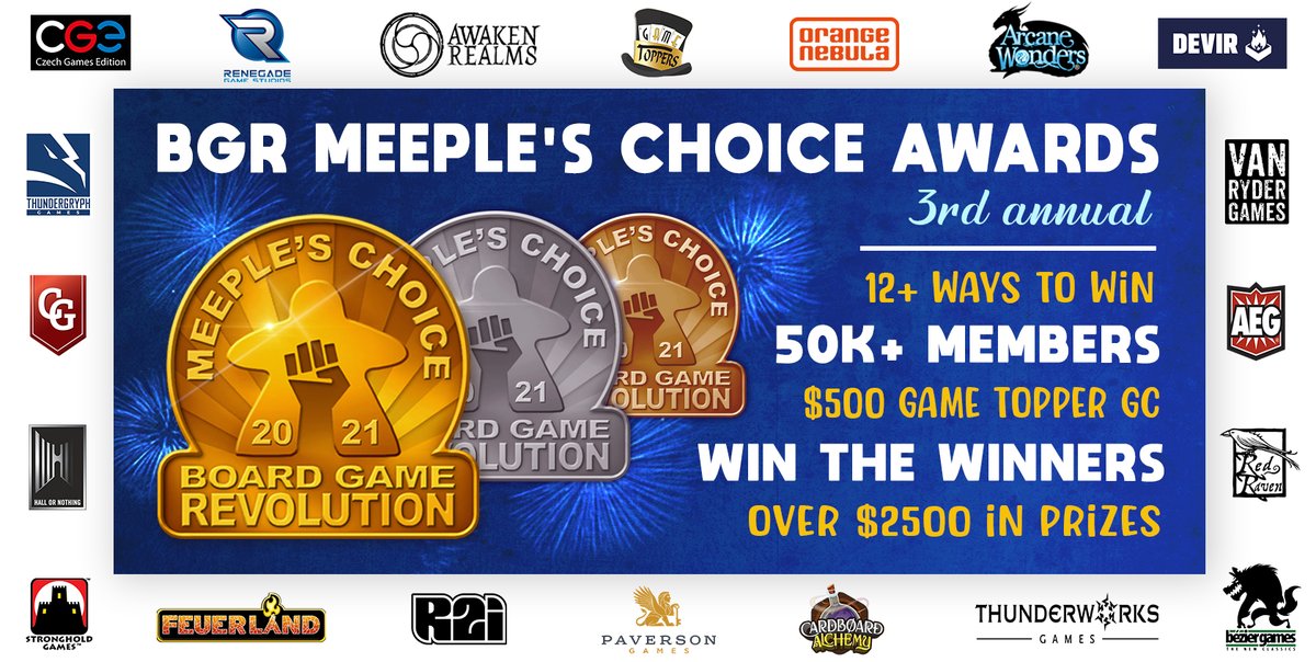 boardgamerev's tweet photo. The 2021 #BGRMeeplesChoice Awards are in and you could "win the winners"! Over 30 awards and a $2500 prize pool, come join the celebration! https://t.co/r85sTexLZZ #boardgames @AwakenRealms @GameToppersLLC @CbAlchemy  @czechgames @VanRyderGames @RedRavenGame @alderac @devirgames https://t.co/IZuH4sg8fN