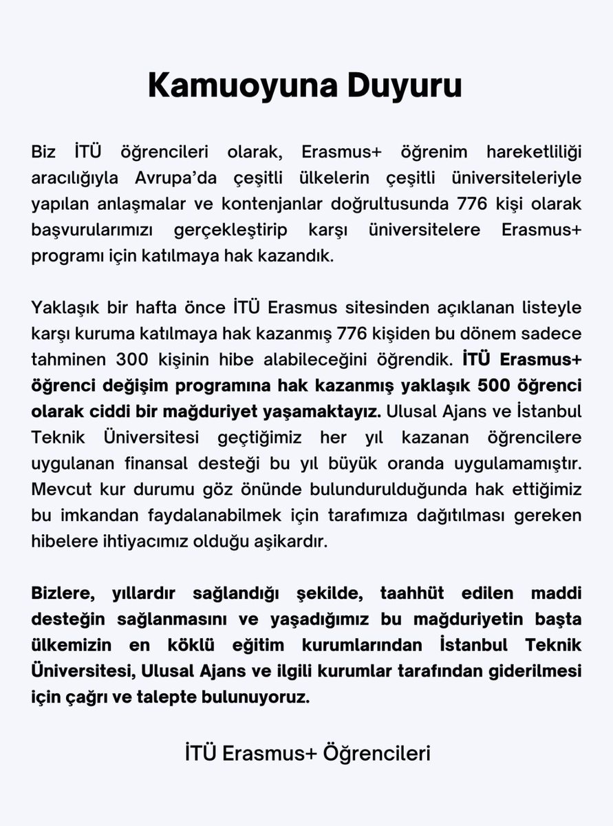 gulceyilmaz00's tweet photo. 1 dönem az  hibe verebilmek için erasmus başvurularını normal yıllara göre geç başlatıp güz dönemi başvurularını kaçırdık üzerine de hiç hibe verilmeyecek dendi ve bir çok insan madur edildi. Bu durumu kabul etmiyoruz. 
#itühibemiver @ikoyuncu07 @ulusalajans 
@ilkerastarci https://t.co/XbWrhnAeXG