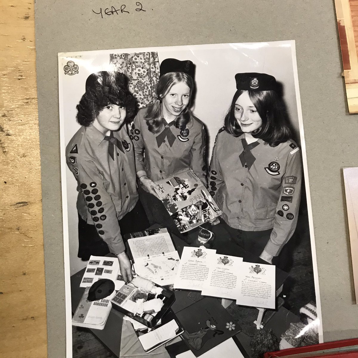 exmoorjane's tweet image. Any other Queen’s Guides on Twitter?  Here’s me and my friends Clare and Gill getting our awards back in the 70s.  @Girlguiding #girlguides #queensguide