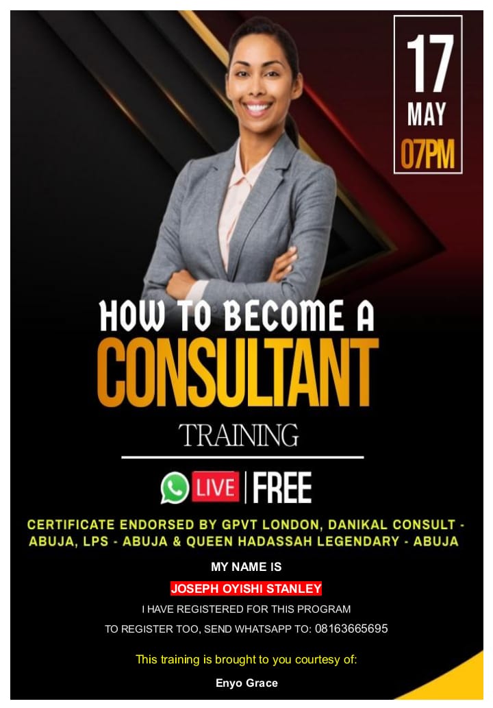 Stanlovey's tweet photo. PROFESSIONAL DEVELOPMENT PROGRAM*
HOW TO BECOME A CONSULTANT 
 convert your skill  into a serious money making venture. 
*Date:*  May 17, 2022
*Time:*  7PM-9PM
*Venue:* Online (whatsapp)
If interested, use this link to join: 
https://t.co/bDCxFtAoMG

*FEEL FREE TO SHARE* https://t.co/95LZpbWKFT