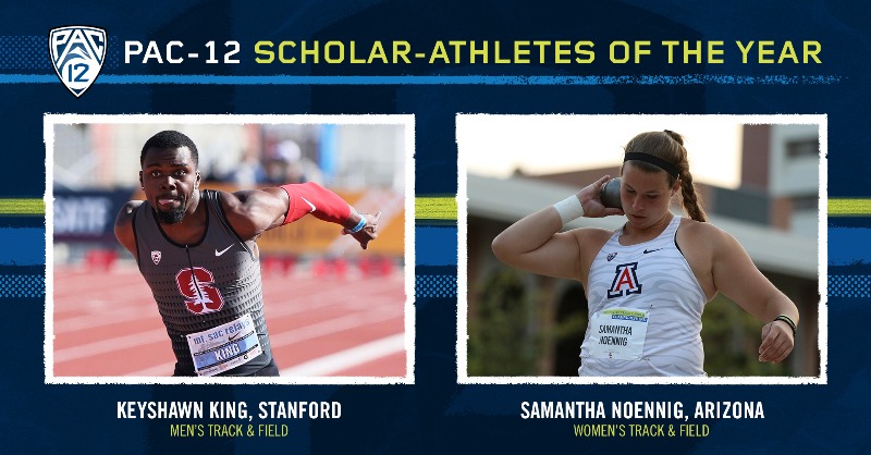 pac12's tweet photo. Scholars. Athletes.

@StanfordXCTF's Keyshawn King and @ArizonaTrack's Samantha Noennig earn this year's #Pac12TF honors for being standouts academically and in their sport.

#GoStanford | #BearDown