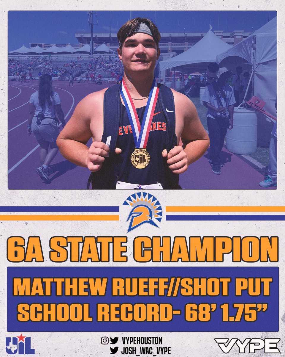 vypehouston's tweet photo. 🚨 SCHOOL HISTORY MAKER 🚨

@MatthewRueff of @SpartanTrack_XC wins gold and set a new school record!! The old number was 66-feet-7 1/2 inches by Cooper Campbell and Rueff threw well past that etching his name in history. #UILState (@katyisd @AuburnTigers @KPRC2 @HTownHSS) https://t.co/qiBgACOg04