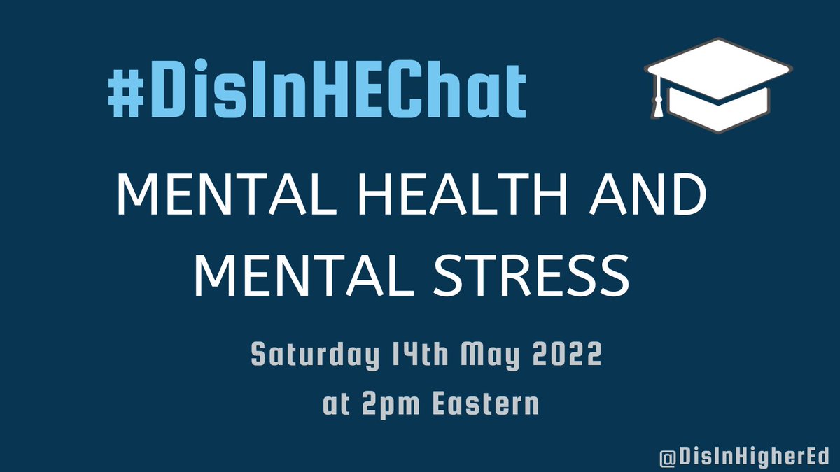 DisInHigherEd's tweet image. Hi everyone, welcome to today's #DisInHEChat on mental health &amp;amp; mental stress!

 Chat questions will be tweeted out every 20 minutes. To see the chat questions for today, check out this link: bit.ly/3l9V4bP #DisInHigherEd