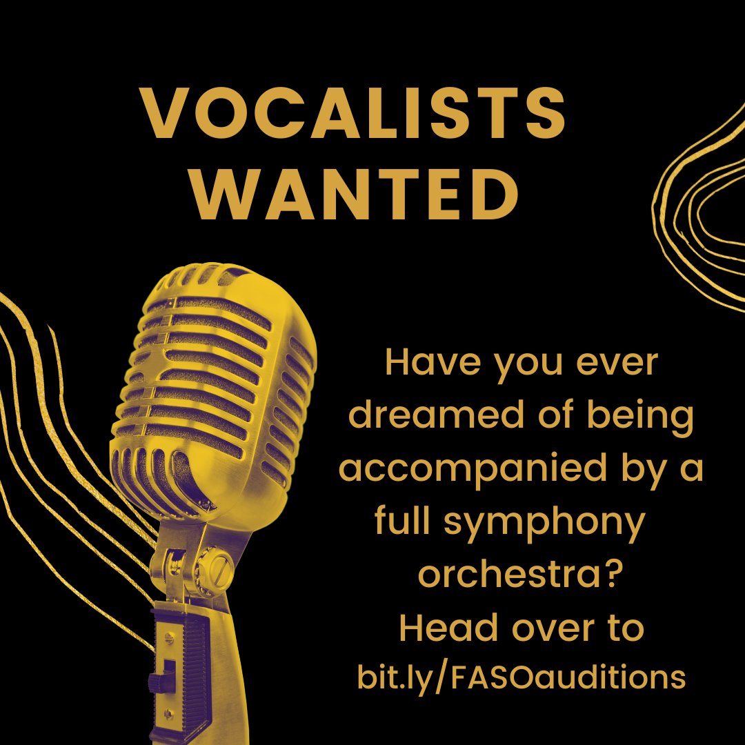 📢 Send in your submissions ASAP

We are looking to fill 2 vocalist spots for our upcoming Summer Concert. 
For more info, head over to bit.ly/FASOauditions! 
Make it quick! 
🚨Submissions are due TOMORROW, Sunday, May 15th🚨

#faso #vocalist #auditions #Symphony #Orchestra