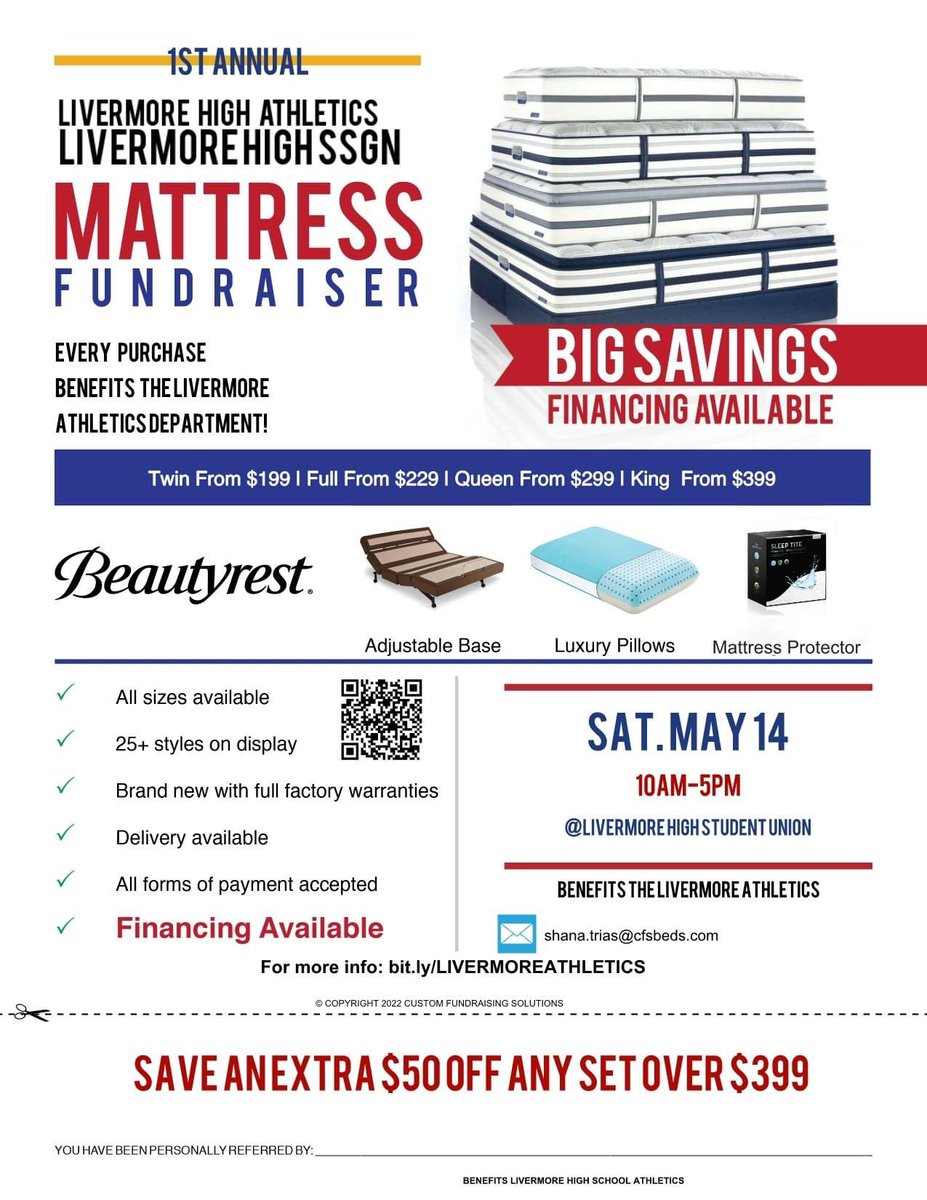 Come out to LHS today and purchase a brand new mattress and support lhs athletics!!  We will also have letterman jacket vendor and spirit wear for sale at the student Union!