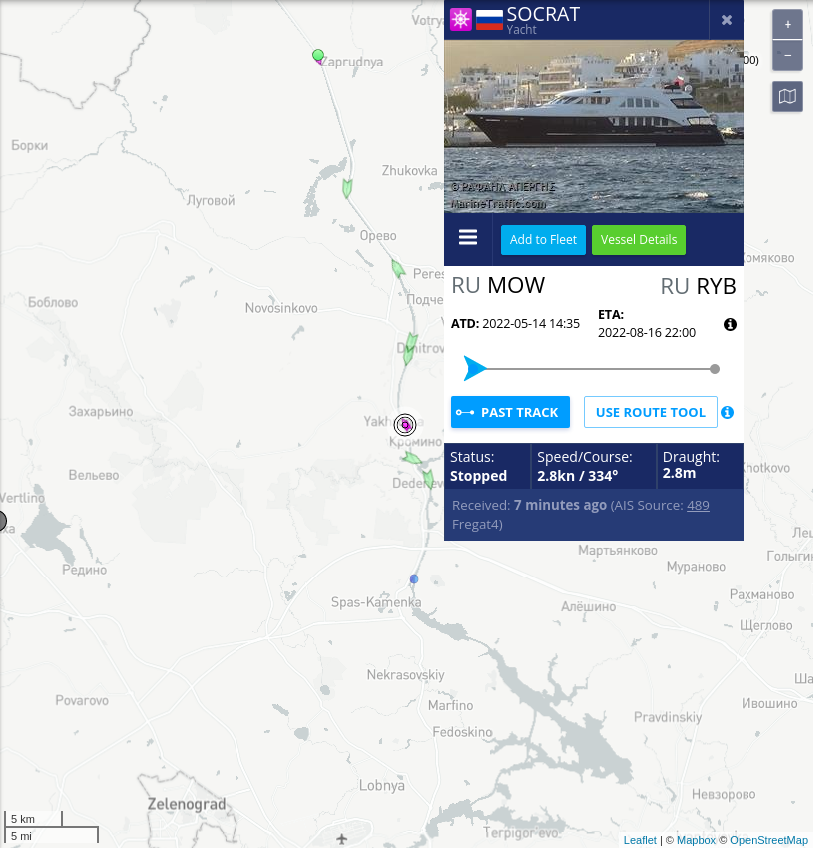 SanctionsAhoy's tweet photo. #Russia #oligarch Vladimir #Lisin's #yacht SOCRAT has started moving: At N 56° 17' 29.71" - E 037° 29' 37.94". Track it here: https://t.co/Sd3EVQybeJ #StandWithUkraine https://t.co/V1fe5NvteO