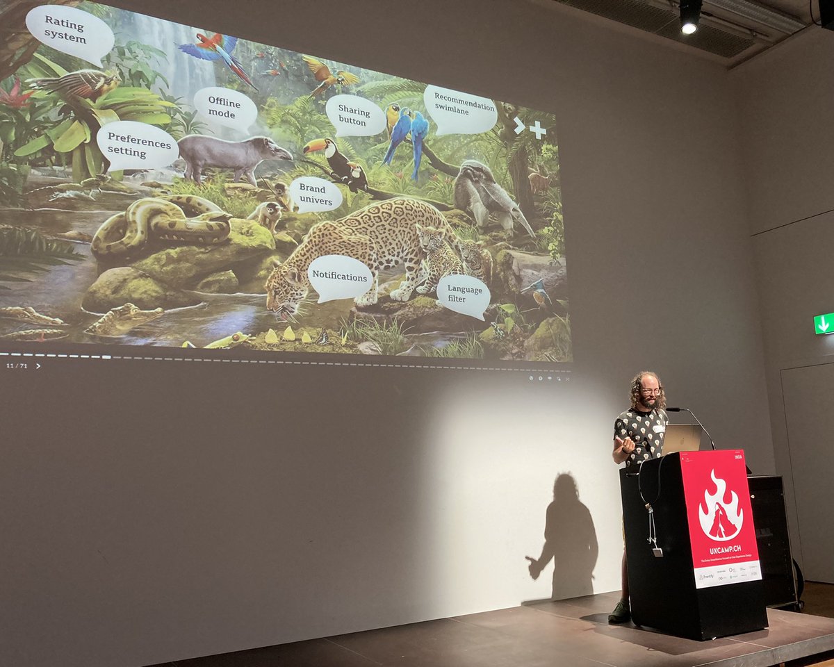 ChristophDubach's tweet photo. «The law of the jungle»: How @leooomarti strives for balance between stakeholder requests, user needs and business objectives.
(BTW: Can you spot the user?)
#uxcampch @play_suisse https://t.co/ut1yhkwCXJ