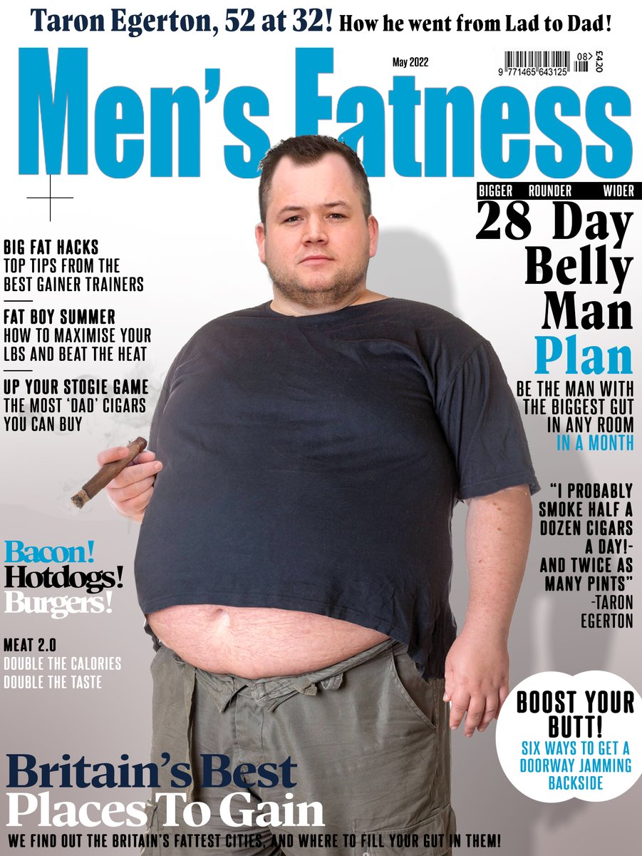 Hot off the press, the latest edition of Men's Fatness, featuring poll winner Taron Egerton (now a fat stogie dad) Thank you to everyone who voted! #fatmorph #weightgain #malefatmorph #maleweightgain #MensFatness