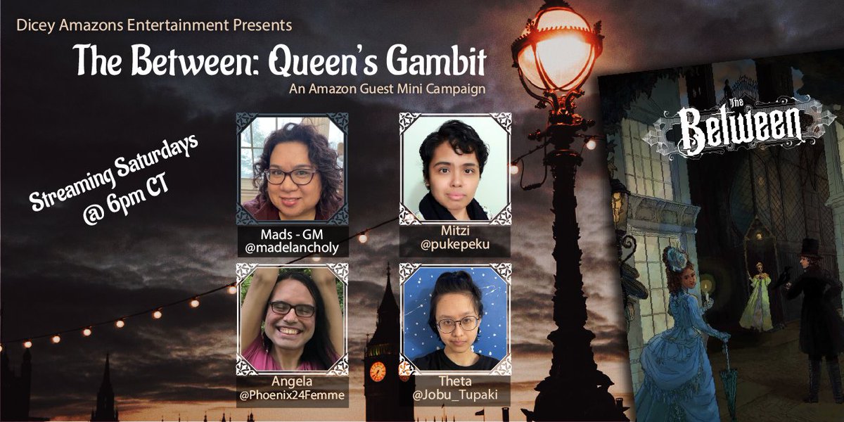 DiceyAmazons's tweet photo. We are ready for episode 3 of The Between: Queen's Gambit tonight @ 6pm CT featuring @madelancholy, @Phoenix24Femme, @pukepeku, and @Jobu_Tupaki!
The last episode was deep, dark, and hilarious! You don't want to miss this! Only on https://t.co/zvLZEvRuxw. https://t.co/SZ5fjNYeMc