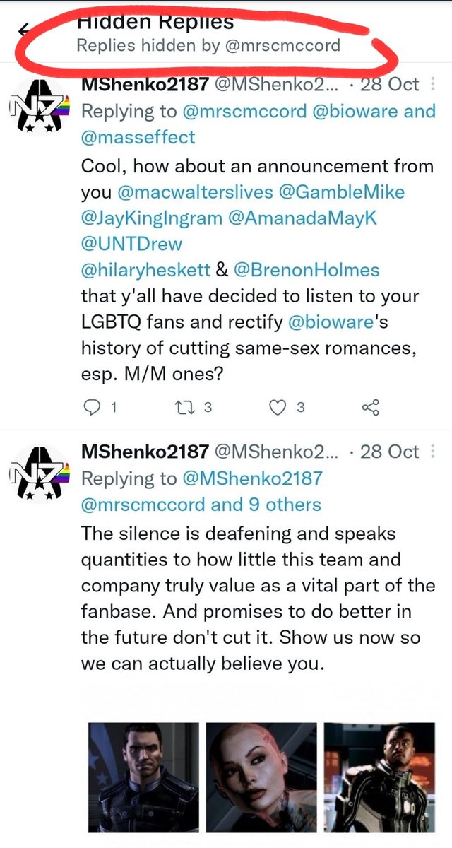 MShenko2187's tweet photo. @mrscmccord Hey, remember that time you hid our Tweets asking for you to #MakeMELEInclusive? Fun times indeed!!! Why wouldn't *checks notes* modernizing and standardizing the trilogy include more queer content you already had access to?
We'll keep this in mind when your Pride logos fly. https://t.co/7PT5sxSfxU