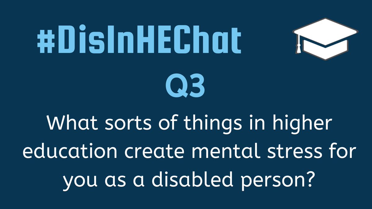 DisInHigherEd's tweet image. Q3: What sorts of things in higher education create mental stress for you as a disabled person?

Use #DisInHEChat in your responses. Please DM us if you would like to submit an anonymous answer. Feel free to answer questions at your own pace. 

#DisInHigherEd