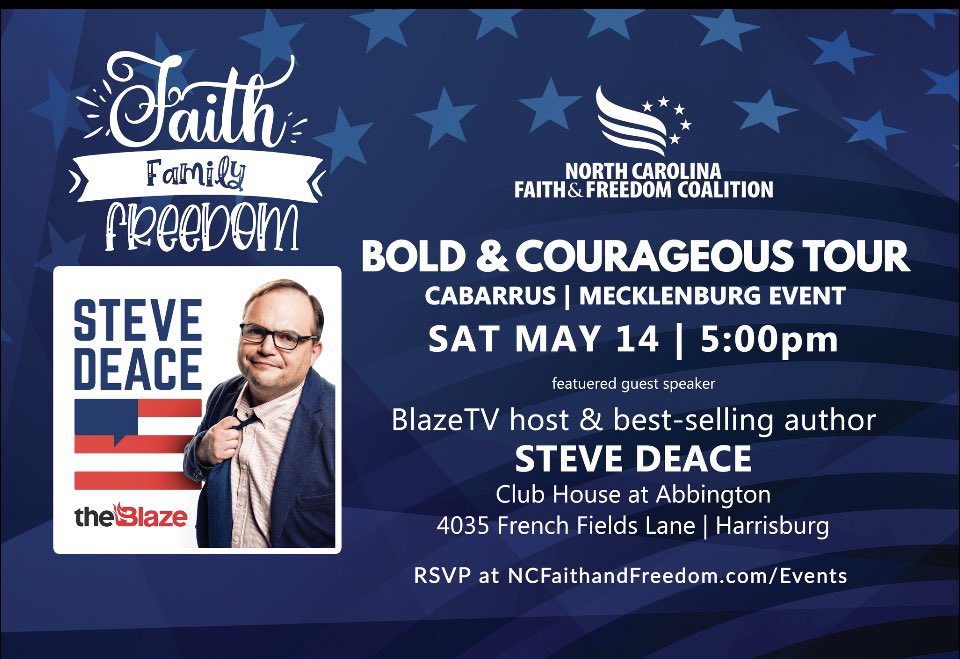 Don't miss <a href="/SteveDeaceShow/">Steve Deace</a> in Harrisburg tonight at 5pm.  Rsvp at ncfaithandfreedom.com/events