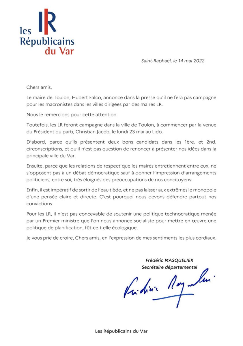 Communication du Secrétaire départemental :
Réponse à Monsieur Hubert FALCO.