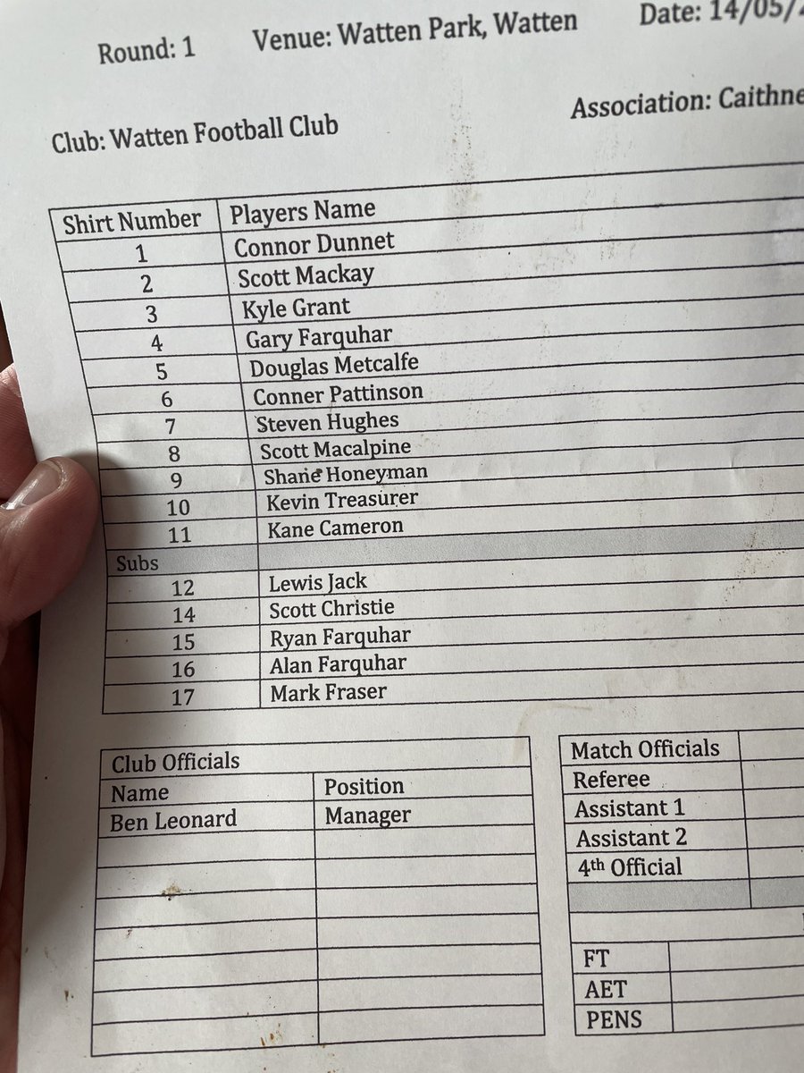 RESULT:

Watten 4-0 Keiss

What a performance! Goals from <a href="/scottmacalpine/">Scott macalpine</a> <a href="/Conner144/">Conner Pattinson</a> <a href="/Steven_Hughes01/">Steven</a> and <a href="/honeyman_shane/">Shane Honeyman</a>  secured our place in the second round of the Highland Amateur. #UTW 🔵⚪️🤣